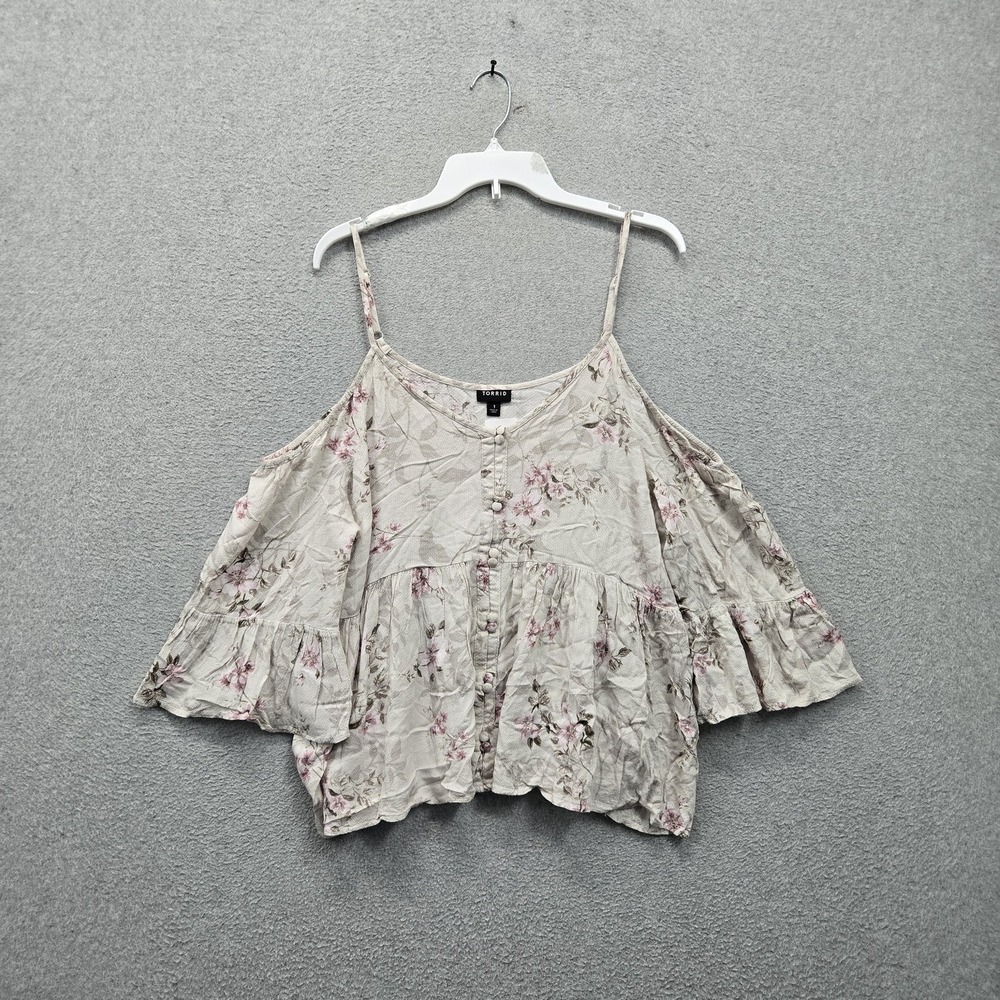 Torrid Women Blouse 1 Beige Floral Boho Button Ruffle Cold Shoulder Front